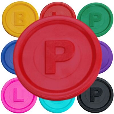 SCHWABMARKEN 100 Pfandmarken, Chips, Token Farbe Rot P mit SCHWABMARKEN 100 Pfandmarken, Chips, Token Farbe Rot P mit