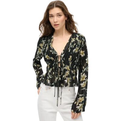 Faltbluse mit 70er-Jahre-Ärmeln für Damen Superdry Noir 2XS female Faltbluse mit 70er-Jahre-Ärmeln für Damen Superdry Noir 2XS female