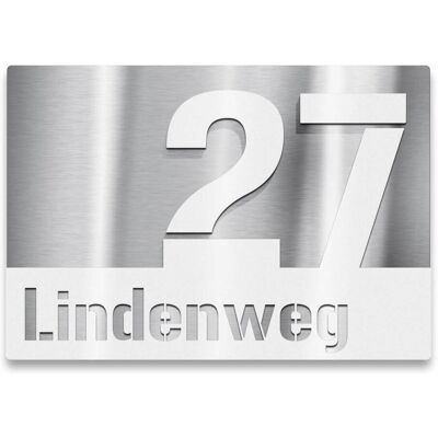 Metzler Hausnummernschild aus Edelstahl mit Straße in Weiß Metzler Hausnummernschild aus Edelstahl mit Straße in Weiß