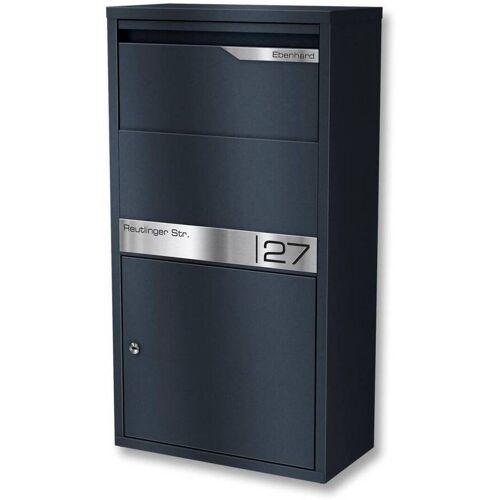 Metzler Paketbox Anthrazit RAL 7016 personalisiert mit Gravur Edelstahl-Namensschild rostfrei & massiv Avalon 2