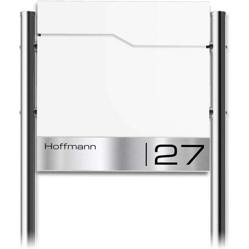 Metzler Standbriefkasten mit Edelstahl-Namensschild und Edelstahl-Ständer RAL 9016 Verkehrsweiß Enno