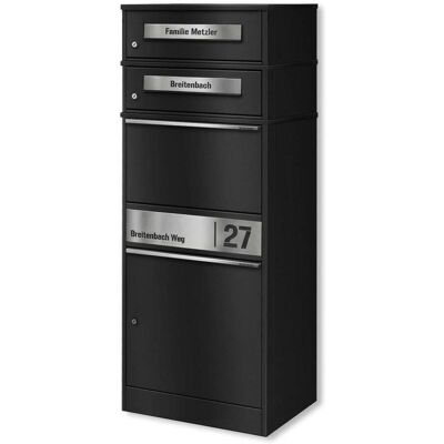 Metzler Paketbox mit 2 Briefkästen personalisiert mit Gravur Edelstahl-Namensschild mit Briefeinwurf Schwarz Bispo 2 Metzler Paketbox mit 2 Briefkästen personalisiert mit Gravur Edelstahl-Namensschild mit Briefeinwurf Schwarz Bispo 2