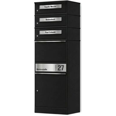Metzler Paketbox mit 3 Briefkästen personalisiert mit Gravur Edelstahl-Namensschild mit Briefeinwurf Schwarz Bispo 2 Metzler Paketbox mit 3 Briefkästen personalisiert mit Gravur Edelstahl-Namensschild mit Briefeinwurf Schwarz Bispo 2