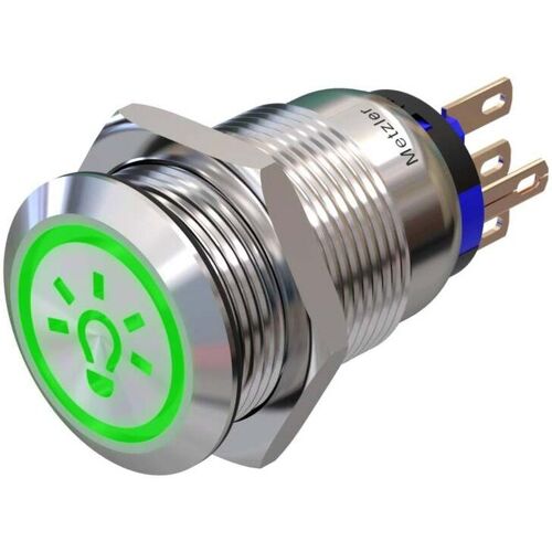Metzler - Druckschalter 19mm - LED Symbol Licht 230 V Grün - IP67 IK10 - Edelstahl - Flach - Lötkontakte