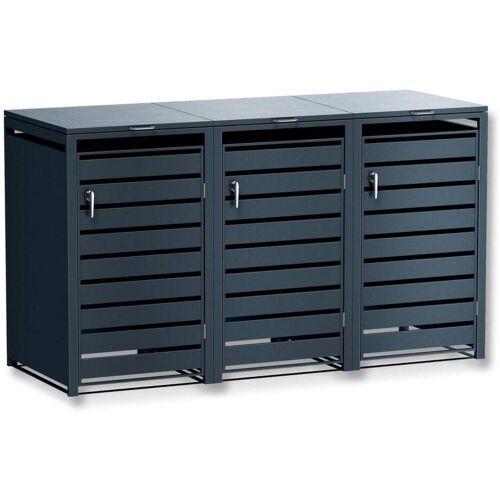 Metzler Mülltonnenbox 3er 240l Anthrazit RAL 7016 aus Stahl mit Sichtstreifen rostfrei & massiv Türgriff mit Schloss