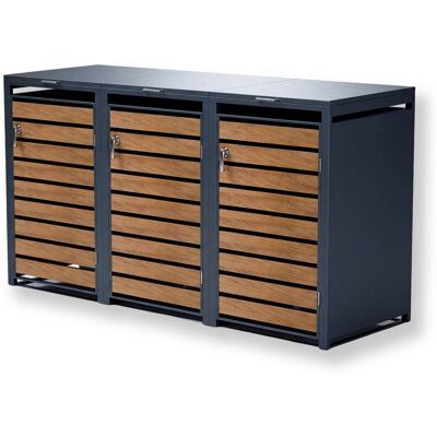 Metzler Mülltonnenbox 3er 240l in Holzoptik Anthrazit RAL 7016 aus Stahl rostfrei & massiv Türgriff mit Schloss Metzler Mülltonnenbox 3er 240l in Holzoptik Anthrazit RAL 7016 aus Stahl rostfrei & massiv Türgriff mit Schloss