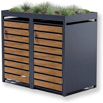 Metzler Mülltonnenbox mit Pflanzdach 2er 240l in Holzoptik Anthrazit RAL 7016 aus Stahl rostfrei & massiv Türgriff mit Schloss Metzler Mülltonnenbox mit Pflanzdach 2er 240l in Holzoptik Anthrazit RAL 7016 aus Stahl rostfrei & massiv Türgriff mit Schloss
