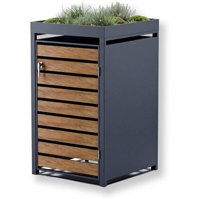 Metzler Mülltonnenbox mit Pflanzdach 1er 240l in Holzoptik Anthrazit RAL 7016 aus Stahl rostfrei & massiv Türgriff mit Schloss Metzler Mülltonnenbox mit Pflanzdach 1er 240l in Holzoptik Anthrazit RAL 7016 aus Stahl rostfrei & massiv Türgriff mit Schloss