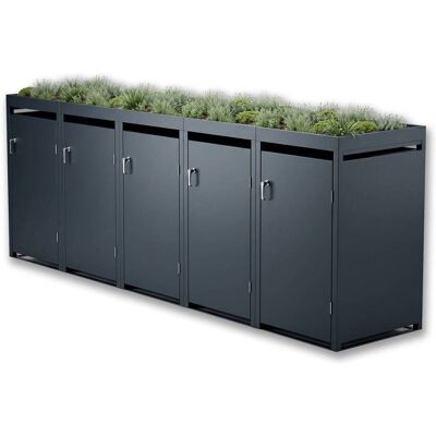 Metzler Mülltonnenbox mit Pflanzdach 5er 240l Anthrazit RAL 7016 aus Stahl rostfrei & massiv Türgriff mit Schloss Metzler Mülltonnenbox mit Pflanzdach 5er 240l Anthrazit RAL 7016 aus Stahl rostfrei & massiv Türgriff mit Schloss