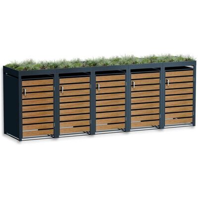 Metzler Mülltonnenbox mit Pflanzdach 5er 240l in Holzoptik Anthrazit RAL 7016 aus Stahl rostfrei & massiv Türgriff mit Schloss Metzler Mülltonnenbox mit Pflanzdach 5er 240l in Holzoptik Anthrazit RAL 7016 aus Stahl rostfrei & massiv Türgriff mit Schloss
