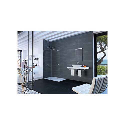 HÜPPE Xtensa pure Gleittür, 1teilig, mit festem Segment, Maßanfertigung, B 1000-1400mm, H 1200-2000mm, Linksbefestigung, Stabilisationsbügel, XT0184, Duschkabinen: Profilfarbe White Edition Glas ESG Sand Plus mit ANTI-PLAQUE