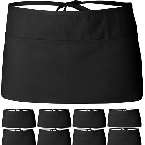 TEMU 12pcs Black Server Waist Aprons, Durable Polyester Half Aprons For Women - Adjustable Ties, Pockets, Kitchen & Dining Room Staff, Dining   Clean Aesthetic   Polyester Aprons