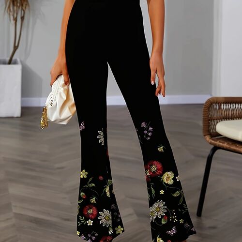 TEMU Floral Print Flare Leg Pants, Elegant Elastic Waist Pants, Women's Clothing