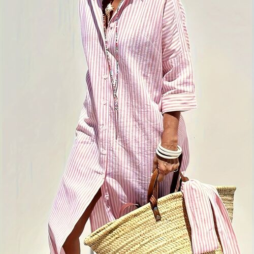 TEMU Elegant Striped Button-up Shirt Dress For Women - Long Sleeve, Collared, Lightweight Polyester, Vertical Stripes, Wear, Casual Or Chic Outfits, Apparel   Pockets Dress   Lightweight Dress