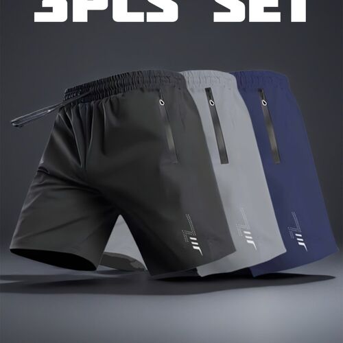 TEMU Men's 3pcs Set Quick Drying Solid Shorts Casual Elastic Waist Drawstring Shorts For Summer Gym Workout Training