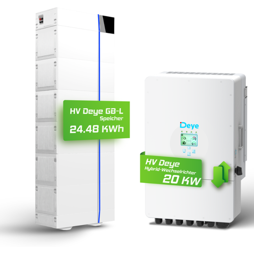 Komplettset 20 kW Hochvolt Hybridwechselrichter (SUN-20K-SG01HP3-EU-AM2) & 24,48 kWh Hochvolt Batteriespeicher Deye GB-L