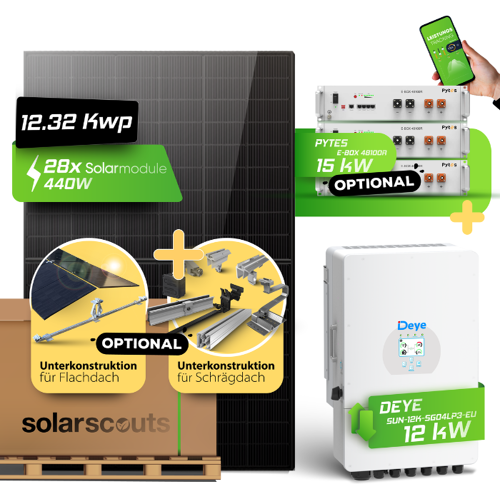 Solarscouts 12.32 kWp Komplettset Photovoltaikanlage   Bifacial & Fullblack  12 kW Deye   Pytes Speicher (Optional)