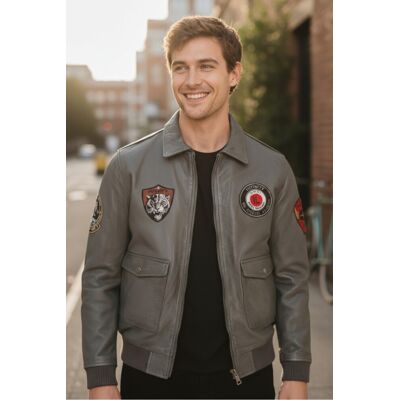 Infinity Leather Graue Bomberjacke aus Leder für Herren mit Fliegerkragen – Vanguard Grau M Infinity Leather Graue Bomberjacke aus Leder für Herren mit Fliegerkragen – Vanguard Grau M