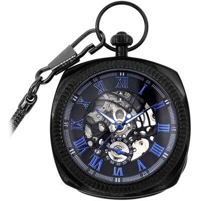 Infinity Leather Mechanische schwarz-blaue Vintage-Skelett-Taschenuhr mit offenem Zifferblatt Schwarz Blau Einheitsgröße Infinity Leather Mechanische schwarz-blaue Vintage-Skelett-Taschenuhr mit offenem Zifferblatt Schwarz Blau Einheitsgröße