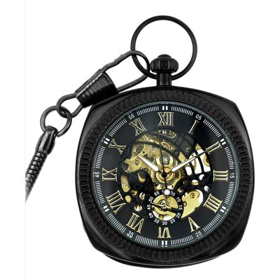 Infinity Leather Mechanische, quadratische, offene Taschenuhr im Vintage-Stil aus Schwarzgold Schwarzes Gold Einheitsgröße Infinity Leather Mechanische, quadratische, offene Taschenuhr im Vintage-Stil aus Schwarzgold Schwarzes Gold Einheitsgröße