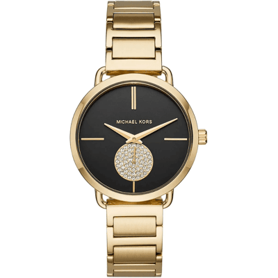 Michael Kors Portia MK3788 Damen 36,5 mm Gold Edelstahl Armbanduhr mit schwarzem Ziffernblatt Gold Einheitsgröße Michael Kors Portia MK3788 Damen 36,5 mm Gold Edelstahl Armbanduhr mit schwarzem Ziffernblatt Gold Einheitsgröße