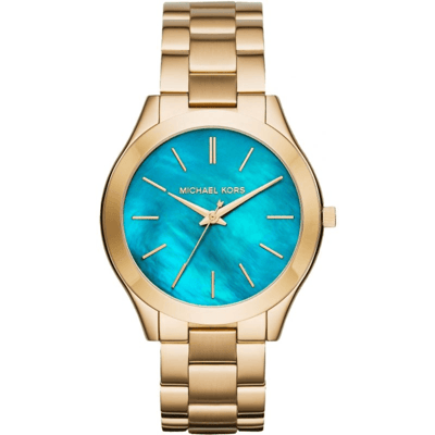Michael Kors MK3492 Slim Runway 42mm Goldfarbene Edelstahl Damenarmbanduhr mit blauen Zifferblatt Gold Einheitsgröße Michael Kors MK3492 Slim Runway 42mm Goldfarbene Edelstahl Damenarmbanduhr mit blauen Zifferblatt Gold Einheitsgröße