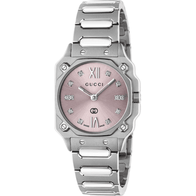 Gucci G-Flat YA166501 Damen Uhr mit pinkem Zifferblatt aus Edelstahl 30mm Rosa Einheitsgröße Gucci G-Flat YA166501 Damen Uhr mit pinkem Zifferblatt aus Edelstahl 30mm Rosa Einheitsgröße
