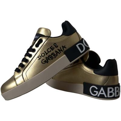 Dolce & Gabbana Gold Portofino Kalbleder Sneakers Damen Schuhe Schwarz 36,5 EU/IT Dolce & Gabbana Gold Portofino Kalbleder Sneakers Damen Schuhe Schwarz 36,5 EU/IT