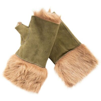 Infinity Leather Damen-Fäustlinge aus Lammfell, fingerlose Manschetten, Toscana-Wildleder, Schaffellfell Olive Einheitsgröße Infinity Leather Damen-Fäustlinge aus Lammfell, fingerlose Manschetten, Toscana-Wildleder, Schaffellfell Olive Einheitsgröße