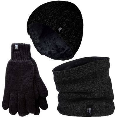 Heat Holders Herren Mütze, Halswärmer & Handschuhe Set Wärmehalter Winter gestricktes warmes Accessoires Set - Schwarz Schwarz M/L Heat Holders Herren Mütze, Halswärmer & Handschuhe Set Wärmehalter Winter gestricktes warmes Accessoires Set - Schwarz Schwarz M/L