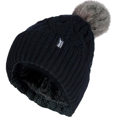 Heat Holders Ladies Ribbed Cuffed Pom Pom Bobble Beanie Mütze mit Fleece-Futter Schwarz Einheitsgröße Heat Holders Ladies Ribbed Cuffed Pom Pom Bobble Beanie Mütze mit Fleece-Futter Schwarz Einheitsgröße