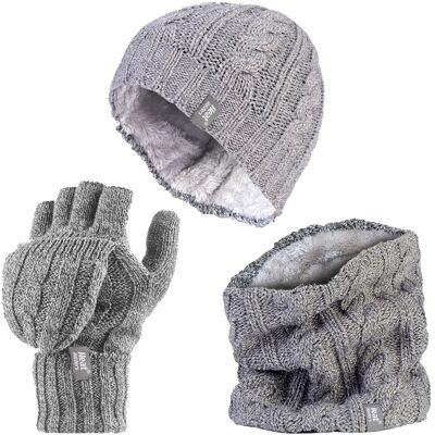 Heat Holders - Womens Thermal Winter Fleece Mütze, Halswärmer und Converter Handschuhe Set - Hellgrau Grau Einheitsgröße Heat Holders - Womens Thermal Winter Fleece Mütze, Halswärmer und Converter Handschuhe Set - Hellgrau Grau Einheitsgröße