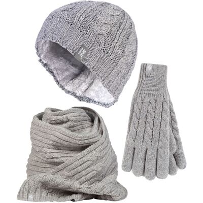 Heat Holders Damen-Set aus Strickmütze, Schal und Handschuhen Wärmehalter Mit Fleece gefüttertes Thermo-Set für kaltes Wetter für den Winter in Hellgrau Grau S/M Heat Holders Damen-Set aus Strickmütze, Schal und Handschuhen Wärmehalter Mit Fleece gefüttertes Thermo-Set für kaltes Wetter für den Winter in Hellgrau Grau S/M