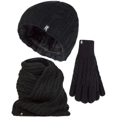 Heat Holders Damen-Set aus Strickmütze, Schal und Handschuhen Wärmehalter Mit Fleece gefüttertes Thermo-Kaltwetter-Set für Damen für den Winter, Schwarz Schwarz M/L Heat Holders Damen-Set aus Strickmütze, Schal und Handschuhen Wärmehalter Mit Fleece gefüttertes Thermo-Kaltwetter-Set für Damen für den Winter, Schwarz Schwarz M/L
