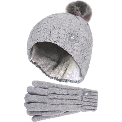 Heat Holders Wärmehalter - Set aus Bommelmütze und Handschuhen für Mädchen Mütze mit umgeschlagener Manschette und Kabelstrickhandschuhe - Frostgrau meliert Grau 7-10A / 122-140cm Heat Holders Wärmehalter - Set aus Bommelmütze und Handschuhen für Mädchen Mütze mit umgeschlagener Manschette und Kabelstrickhandschuhe - Frostgrau meliert Grau 7-10A / 122-140cm