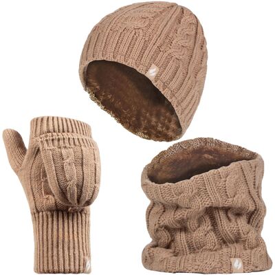 Heat Holders - Womens Thermal Winter Fleece Mütze, Halswärmer und Converter Handschuhe Set - Beige Beige Einheitsgröße Heat Holders - Womens Thermal Winter Fleece Mütze, Halswärmer und Converter Handschuhe Set - Beige Beige Einheitsgröße