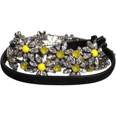 Dolce & Gabbana Schwarzer Leder-Gürtel mit Kristallverzierung in Form einer Gänseblümchen-Brosche Schwarz 90cm Dolce & Gabbana Schwarzer Leder-Gürtel mit Kristallverzierung in Form einer Gänseblümchen-Brosche Schwarz 90cm