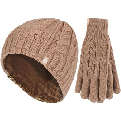 Heat Holders Damen Fleecegefüttertes Thermohut- und Handschuhe-Set für den Winter Beige S/M Heat Holders Damen Fleecegefüttertes Thermohut- und Handschuhe-Set für den Winter Beige S/M