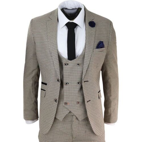 Infinity Leather 3-teiliger Herrenanzug im Retro-Vintage-Stil, beige, kariert Beige 50 (Brust)