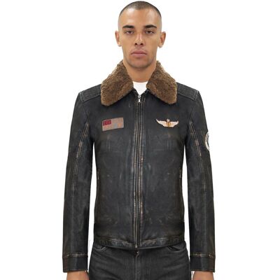 Infinity Leather Herren-Bomberjacke aus schwarzem Vintage-Leder mit Abzeichen – Tunis Schwarz L Infinity Leather Herren-Bomberjacke aus schwarzem Vintage-Leder mit Abzeichen – Tunis Schwarz L