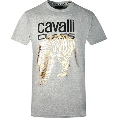 Cavalli Class großes graues T-Shirt mit goldenem Tiger-Schablonenlogo Grau L Cavalli Class großes graues T-Shirt mit goldenem Tiger-Schablonenlogo Grau L