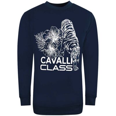 Cavalli Class grosses marineblaues Sweatshirt mit Blumen-Tiger-Design Marine 2XL Cavalli Class grosses marineblaues Sweatshirt mit Blumen-Tiger-Design Marine 2XL