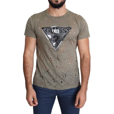 Guess T-shirt marron en coton stretch imprimé logo pour hommes, décontracté et perforé Braun M Guess T-shirt marron en coton stretch imprimé logo pour hommes, décontracté et perforé Braun M