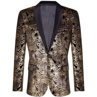TruClothing Klassischer Smoking-Blazer für Herren aus schwarzem Samt mit goldenem Paisleymuster und maßgeschneiderter Passform Schwarz 36 (Brust) TruClothing Klassischer Smoking-Blazer für Herren aus schwarzem Samt mit goldenem Paisleymuster und maßgeschneiderter Passform Schwarz 36 (Brust)