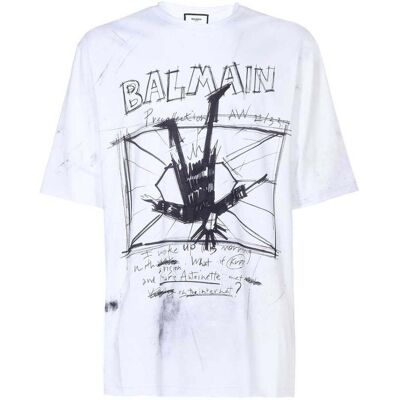 Balmain - Weißes T-shirt Mit Skizzen-logo Weiß M Balmain - Weißes T-shirt Mit Skizzen-logo Weiß M