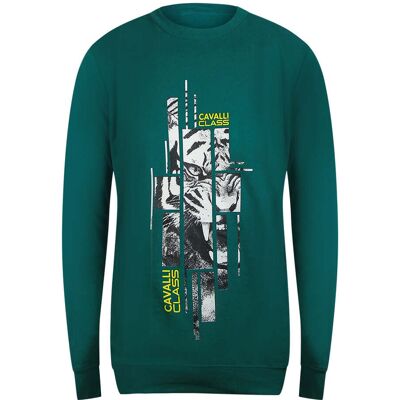 Cavalli Class - Grünes Ottanio-sweatshirt Mit Zersplittertem Tiger-print Grün L Cavalli Class - Grünes Ottanio-sweatshirt Mit Zersplittertem Tiger-print Grün L