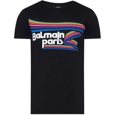 Balmain Paris - Schwarzes T-shirt Mit Regenbogen- Und Multilogo Schwarz M Balmain Paris - Schwarzes T-shirt Mit Regenbogen- Und Multilogo Schwarz M