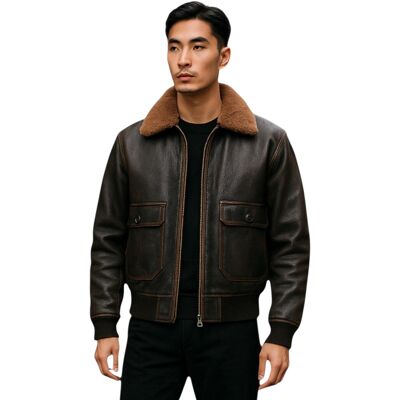 Infinity Leather Herren-Bomberjacke aus braunem Leder mit Schaffellkragen, G-1-Pilotenjacke – Naracoorte Braun L Infinity Leather Herren-Bomberjacke aus braunem Leder mit Schaffellkragen, G-1-Pilotenjacke – Naracoorte Braun L