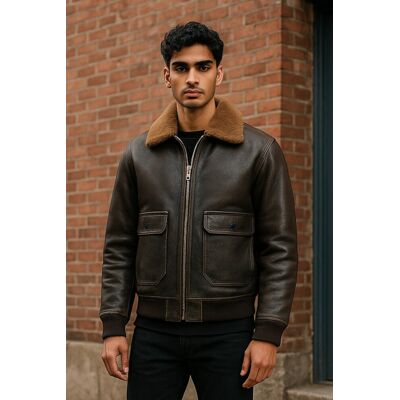 Infinity Leather Herren-Bomberjacke aus braunem Leder mit Schaffellkragen G-1 Pilotenjacke - Harbor Braun L Infinity Leather Herren-Bomberjacke aus braunem Leder mit Schaffellkragen G-1 Pilotenjacke - Harbor Braun L