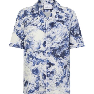 Philipp Plein Linen Bowling Shirt All-Over Ceramic Dunkelblau S Philipp Plein Linen Bowling Shirt All-Over Ceramic Dunkelblau S